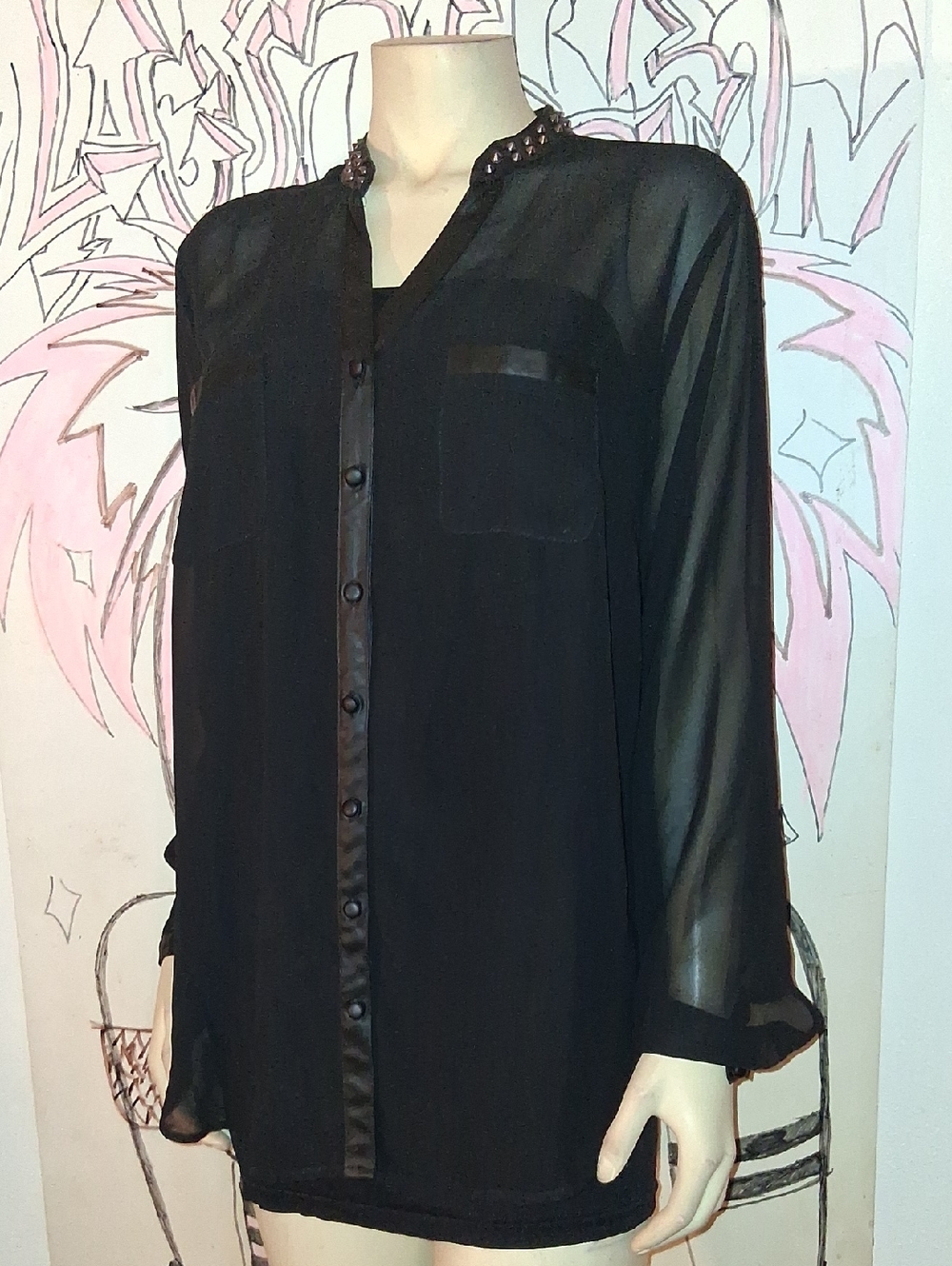 Torrid Black Sheer Long-Sleeve Button Down Shirt with Studded Collar
